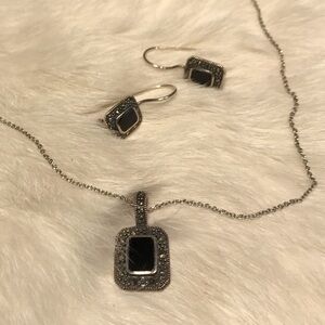 Silver 925 Necklace Earrings Onyx Marcassite